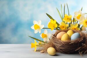 Easter holiday celebration banner greeting card banner with easter eggs in a bird nest basket and yellow daffodils flowers on table photo