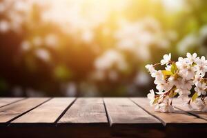 empty wooden table against spring time background photo
