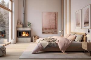 bedroom bed in a bedroom next to a fire place, scandinavian style, portrait of a beautiful, very cozy, with its open plan layout and expansive windows photo