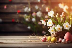 vacío de madera mesa en contra Pascua de Resurrección veces antecedentes foto