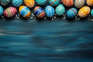 Pascua de Resurrección fiesta celebracion bandera saludo tarjeta bandera - marco hecho de pintado Pascua de Resurrección huevos en azul de madera mesa textura, parte superior vista, plano laico foto