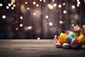 empty wooden table against easter times background photo