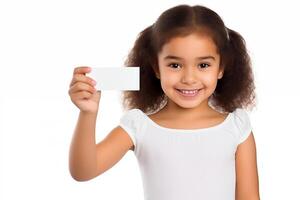 sonriente pequeño niña entrega un blanco negocio tarjeta terminado blanco antecedentes foto