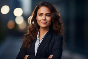 Confident Hispanic business woman standing outside an office building. Portrait of smiling professional businesswoman on blur office building background. Professional manager in suit photo