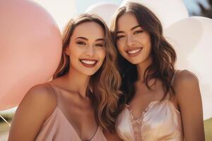 Happy female fashion models in beautiful dresses with balloons photo