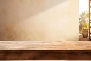 Empty wooden table top near stucco wall with with sunlight falling from the window and shadows. Table top with copy space for product advertising photo