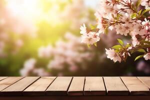 empty wooden table against spring time background photo