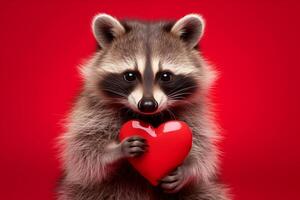 Happy Valentine's Day, Valentines Day, love, celebration concept greeting card with text - Cute racoon holding a red heart , isolated on red background photo