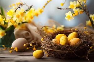 Easter holiday celebration banner greeting card banner with easter eggs in a bird nest basket and yellow daffodils flowers on table photo