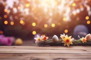 empty wooden table against easter times background photo