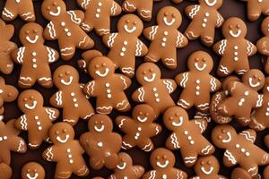 Christmas food bakery bake baking photography background texture - Closeup of many gingerbread men cookies, top view, seamless pattern photo