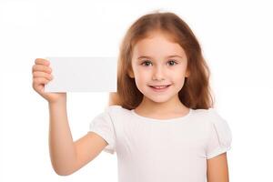 sonriente pequeño niña entrega un blanco negocio tarjeta terminado blanco antecedentes foto