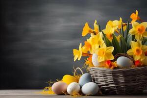 Easter holiday celebration banner greeting card banner with easter eggs in a bird nest basket and yellow daffodils flowers on table photo