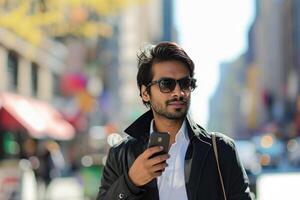 portrait of a business man, standing on a city street and using a mobile phone, photo