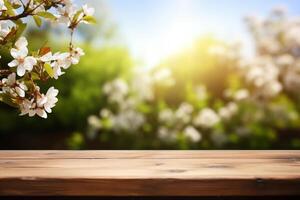 empty wooden table against spring time background photo