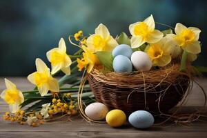 Easter holiday celebration banner greeting card banner with easter eggs in a bird nest basket and yellow daffodils flowers on table photo