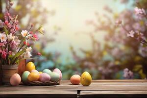 empty wooden table against easter times background photo