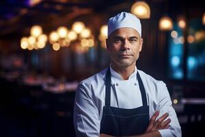 retrato de un cocinero , bokeh antecedentes foto