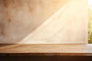 Empty wooden table top near stucco wall with with sunlight falling from the window and shadows. Table top with copy space for product advertising photo