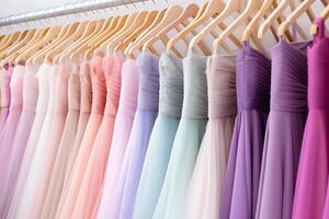 Many elegant pastel color formal dresses for sale in luxury modern shop boutique. Prom gown, wedding, evening, bridesmaid dresses dress details photo