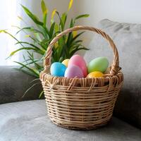 Easter egg hunt, gathering colorful eggs outdoors For Social Media Post Size photo
