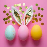 Colorful Easter eggs, golden confetti, pink background, festive bunny ears For Social Media Post Size photo