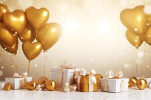 Happy Valentine's Day love or birthday celebration holiday background banner illustration greeting card - Gold heart balloons and gold white gift boxes on table photo
