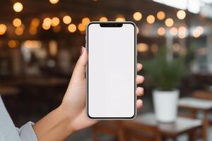 Mockup, woman's hand holding using mobile phone at coffee shop with copy space, white blank screen for text, mobile app design and advertising, online marketing photo