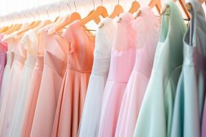 Many elegant pastel color formal dresses for sale in luxury modern shop boutique. Prom gown, wedding, evening, bridesmaid dresses dress details photo