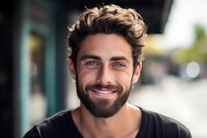 retrato de un joven sonriente hombre mirando dentro el lente foto