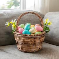 Easter egg hunt, gathering colorful eggs outdoors For Social Media Post Size photo