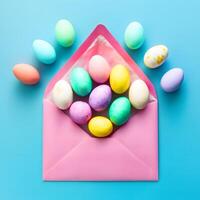 Colorful eggs in pink envelope Top view of Easter concept For Social Media Post Size photo