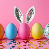 Colorful Easter eggs, golden confetti, pink background, festive bunny ears For Social Media Post Size photo