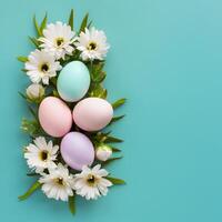 Easter holiday composition pastel eggs, white flowers Top view For Social Media Post Size photo