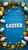 Festive Easter frame with flowers, eggs on blue wooden boards Vertical Mobile Wallpaper photo