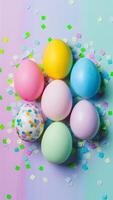 Easter concept colorful eggs, confetti, pastel background Top view Vertical Mobile Wallpaper photo