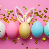 Colorful Easter eggs, golden confetti, pink background, festive bunny ears For Social Media Post Size photo