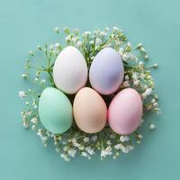 Easter holiday composition pastel eggs, white flowers Top view For Social Media Post Size photo