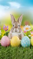 Easter bunnies, eggs, colorful flowers on wide spring background Vertical Mobile Wallpaper photo