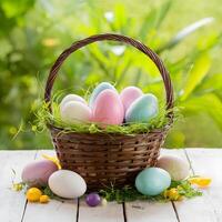 Easter basket with painted eggs and decorations on white table For Social Media Post Size photo