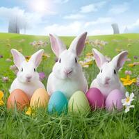 Pascua de Resurrección conejitos, huevos, vistoso flores en amplio primavera antecedentes para social medios de comunicación enviar Talla foto