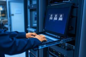 IT engineer repairing a server in a datacenter photo