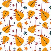 Seamless pattern with yellow bugs or ladybugs and flowers on white. Insects background, wrapping paper vector