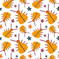 Seamless pattern with yellow bugs or ladybugs and flowers on white. Insects background, wrapping paper vector