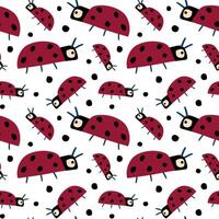 Seamless pattern with ladybugs and dots on white. Insects background, wrapping paper vector