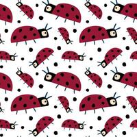 Seamless pattern with ladybugs and dots on white. Insects background, wrapping paper vector