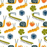 Seamless pattern with colorful caterpillars, snails, centipedes and flowers. Childrens background, wrapping paper vector