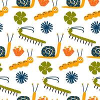 Seamless pattern with colorful caterpillars, snails, centipedes and flowers. Childrens background, wrapping paper vector