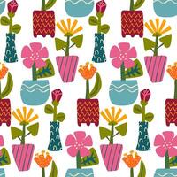 seamless pattern with hand drawn flowers in a vases. background, wrapping paper. backdrop vector