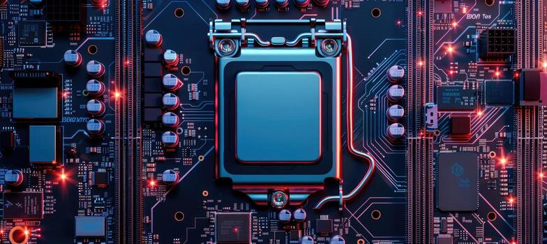 Computer motherboard with CPU. Circuit board system chip with core processor. Computer technology background. photo